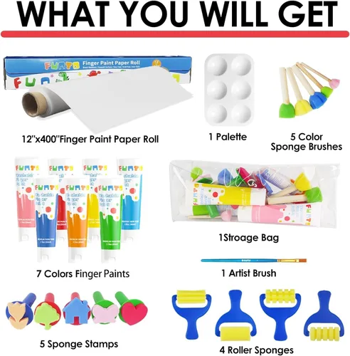 Miniatura 2 de Funto Juego de pintura de dedos lavable para niños, 25 piezas de suministros de pintura artística no tóxicos para bebés, incluye rollo de papel