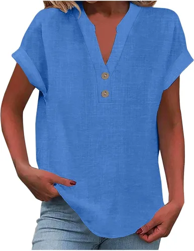 Miniatura 16 de Camisas de lino para mujer 2025 verano casual cuello en V botón abajo manga corta tops moda cómodo negocio trabajo blusas, beige (A-Beige)