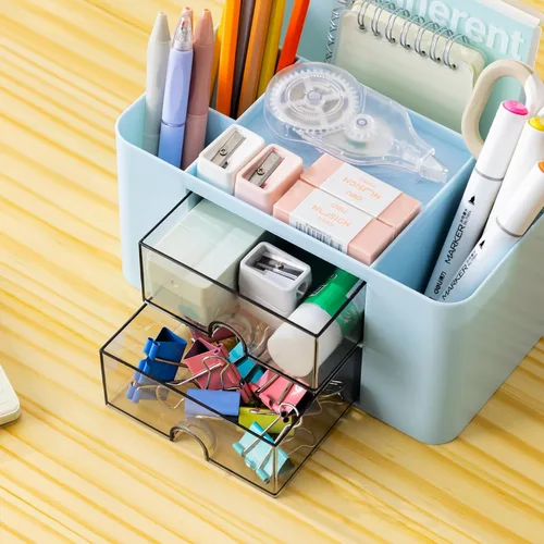 Miniatura 2 de Organizador de escritorio creativo y simple, 7 rejillas, organizador de mesa de plástico con cajón, organizador de escritorio multifuncional, Azul