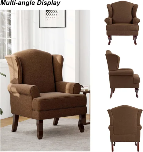 Miniatura 5 de Silla decorativa, sillón tapizado con respaldo alto con esponja de alta resistencia y patas de madera, sillas individuales modernas y cómodas