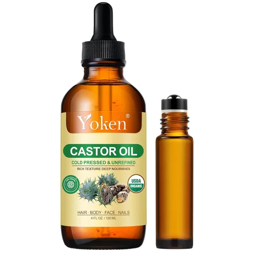 Yoken Aceite de ricino verificado por EWG - Botella de vidrio de 4 onzas – 100% puro, prensado en frío, sin hexano, aceites de ricino virgen para