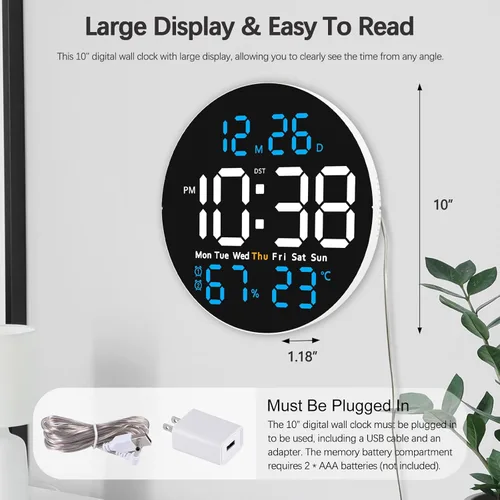 Miniatura 2 de JoFomp Reloj de pared digital grande de 10 pulgadas con control remoto, pantalla LED, reloj despertador digital enchufable, brillo automático, DST