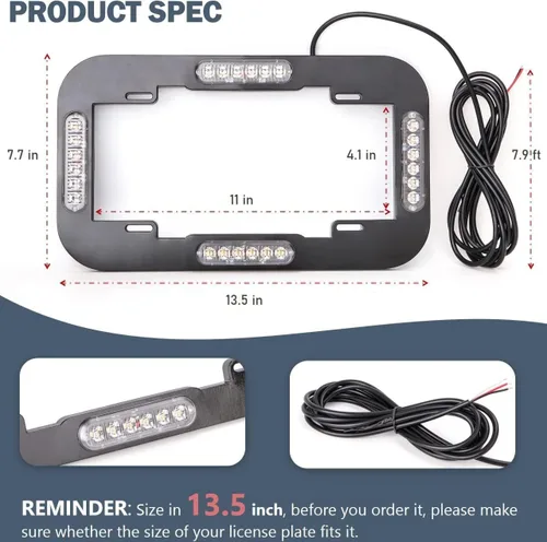 Miniatura 4 de Luces estroboscópicas de 13.5 pulgadas con 24 luces LED para matrícula, impermeable, marco de matrícula, luces de advertencia amarillas ámbar