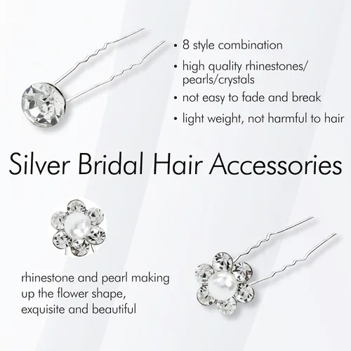 Miniatura 6 de inSowni Paquete de 128 horquillas de pelo en forma de U con diamantes de imitación de flor de perlas plateadas y diamantes de imitación para novias