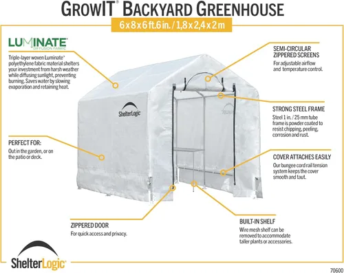 Miniatura 4 de ShelterLogic Invernadero GrowIT de 6' x 8' x 6.5' Estilo Techo a Dos Aguas Casa de Cultivo para Patio Trasero con Estantería Integrada, 6' x 8' x