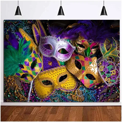 Miniatura 6 de Máscara de cuentas de 7 x 5 pies con purpurina dorada y morada, para carnaval, telón de fondo, fiesta, baile, fiesta de cumpleaños, fotografía
