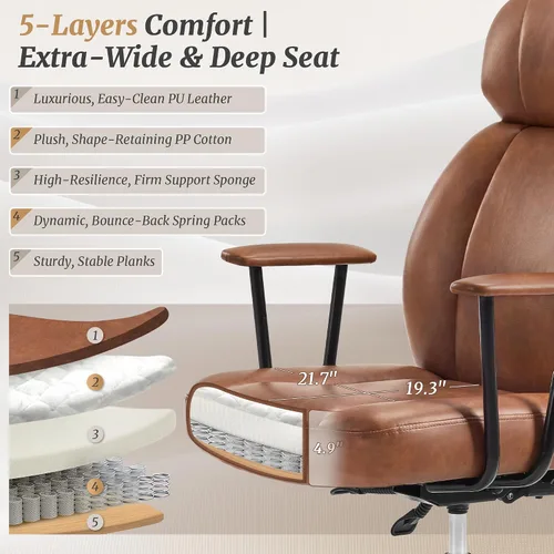 Miniatura 5 de Cozyman Silla ergonómica de piel sintética para oficina en casa, silla de escritorio ejecutiva de respaldo alto con cojín de 5 capas, respaldo Marrón