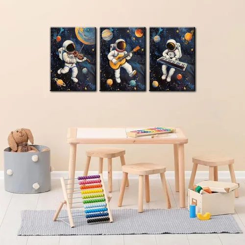 Miniatura 6 de 3 piezas de arte de pared de astronauta espacial musiic lienzo lindo astronauta músico decoración imágenes divertidas piano guitarra violín carteles