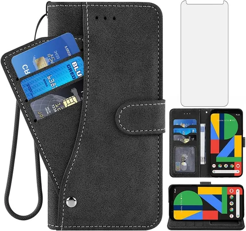Asuwish Compatible con Google Pixel 4 Funda tipo cartera y protector de pantalla de vidrio templado, correa de muñeca, soporte para tarjetas de