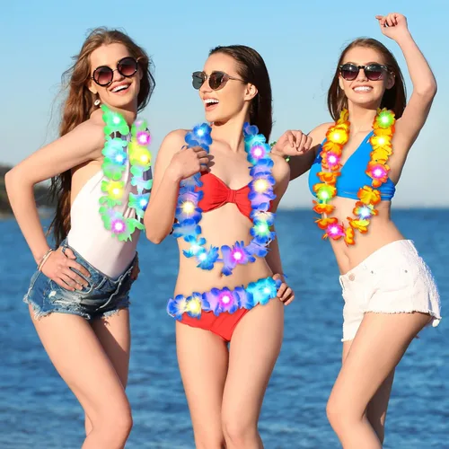 Miniatura 5 de Giegxin 12 collares con luces LED hawaianas Lei tropicales con luces LED Lei de arco iris artificial para niños y adultos, fiesta temática Hawaii