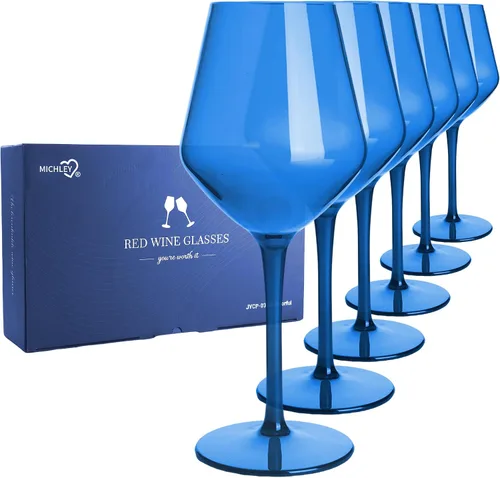 MICHLEY Juego de 6 copas de vino de colores irrompibles de plástico tritán, regalo de 15 onzas para fiesta en casa al aire libre, color azul