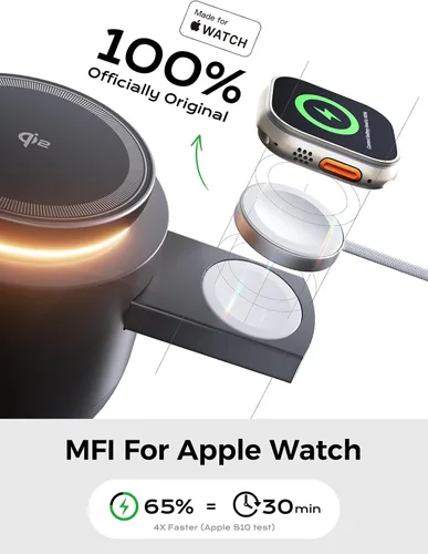 Miniatura 3 de THREEKEY Estación de carga inalámbrica magnética Qi2 4 en 1, cargador rápido de 15 W con módulo de carga hecho para Apple Watch, para iPhone 17-12