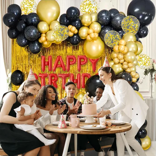 Miniatura 6 de Paquete de 50 globos de látex metálicos negros y dorados de 12 pulgadas con 1 rollo de cinta para decoración de cumpleaños, graduación, celebración