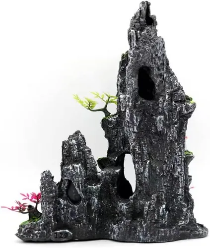 Decoración de acuario Adornos temáticos - Vista de montaña Adorno de piedra Árbol Cueva de Roca Decoración de pecera Descanso de peces Juego Ocultar