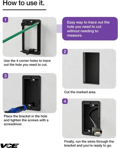 Miniatura 4 de VCE Soporte de montaje de bajo voltaje (1 banda, paquete de 5) para placa de pared de una sola banda, cables de teléfono, cables de red, HDMI, Negro