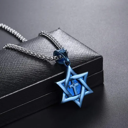 Miniatura 12 de U7 - Collar con Estrella de David para hombres y mujeres, dije hexagonal de acero inoxidable con cruz/piedra de rubí/collares clásicos judíos