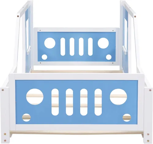 Miniatura 7 de SOFTSEA Cama de suelo tamaño individual con forma de automóvil con ruedas, marco de cama Montessori con valla y puerta para niños y niñas, soporte