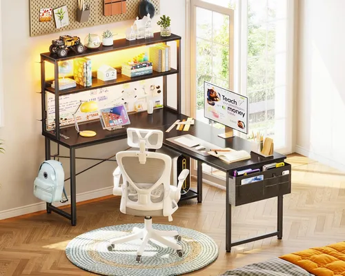 Miniatura 8 de AODK Escritorio en forma de L para juegos con luz LED y toma de corriente, mesa de computadora reversible en forma de L de 53 pulgadas con estante