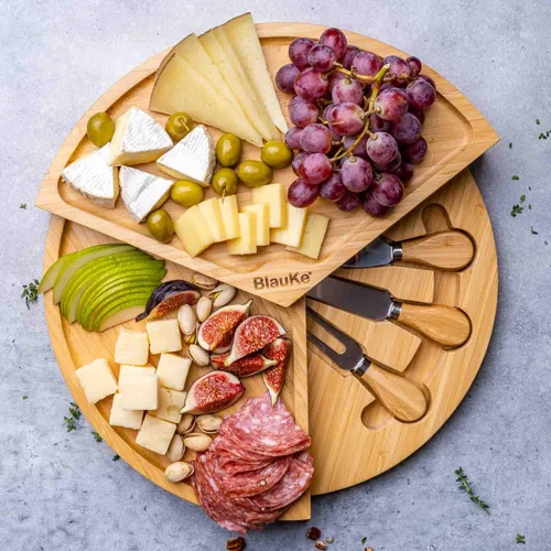 Miniatura 5 de Juego de tabla de queso de bambú y cuchillos, tabla redonda de charcutería de 14 pulgadas, bandeja para servir, plato, juego de tablas de queso