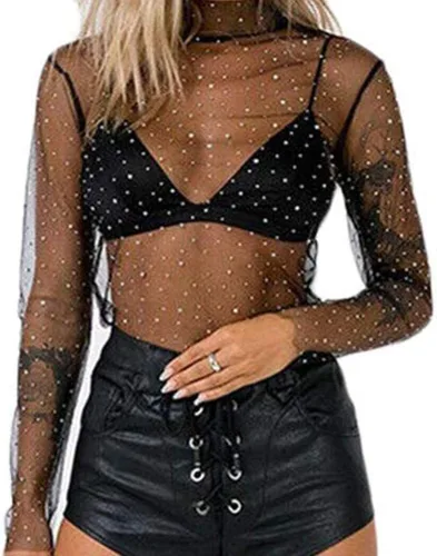 Miniatura 3 de Top sexy de malla transparente para mujer, con diamantes de imitación de manga larga