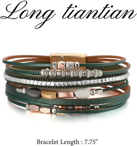 Miniatura 7 de Long tiantian Pulseras de cuero para mujer, de moda, bohemias, con dije de círculo, apiladas, pulseras de varias capas, joyería, regalos de Navidad