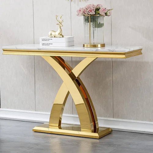 Miniatura 35 de Mesa de centro de mármol negro Henf de lujo, mesa auxiliar rectangular de mármol sintético de imitación con base de acero inoxidable dorado