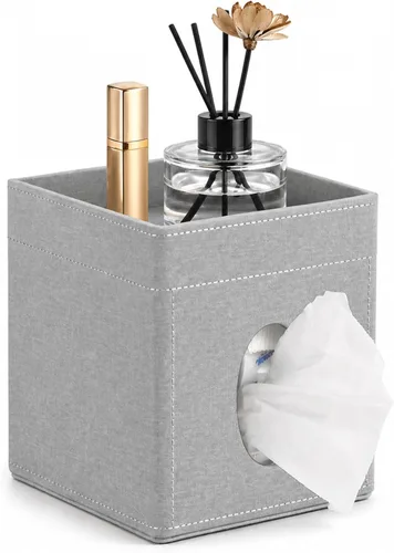 Miniatura 8 de LAMOTI Funda de cuero para caja de pañuelos con bandeja de almacenamiento, soporte cuadrado para caja de pañuelos faciales para baño, mesa de Negro