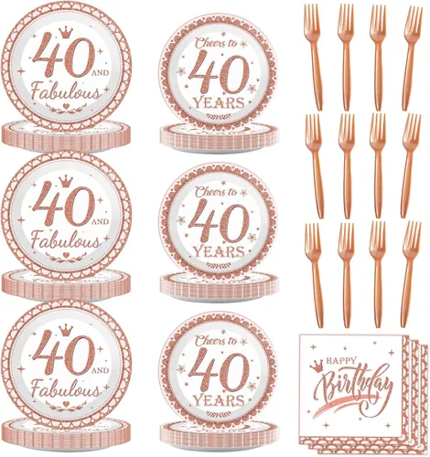 Miniatura 13 de Decoraciones de cumpleaños 70 para mujer, platos y servilletas de feliz cumpleaños 70, suministros de fiesta de oro rosa, vajilla de 70 y fabulosa