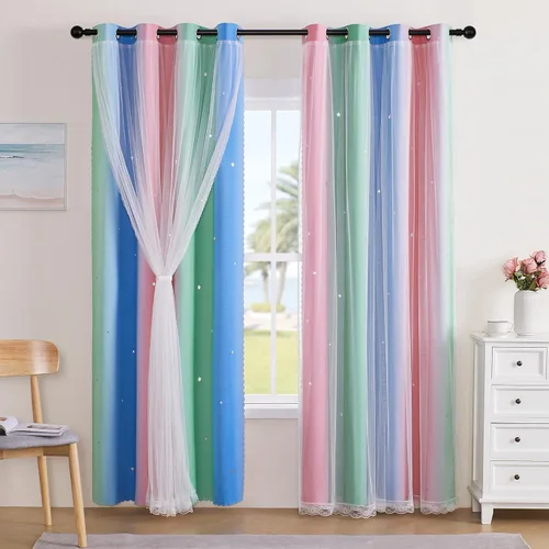 Miniatura 91 de XiDi Cortinas opacas con estrellas para habitaciones de niños, cortinas verdes para ventana de dormitorio de niños, azul y gris, 52 pulgadas de Azul