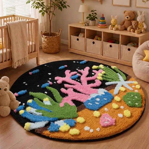 YIHOUSE Alfombra de Área Redonda 3D, Alfombra de Coral Negro, Alfombra de Estética Moderna para Dormitorio Antideslizante de Pelo Largo Esponjosa