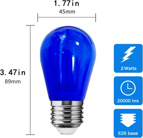 Miniatura 2 de Bombilla azul S14 de plástico de 2 W LED de repuesto para luces de cadena de luces interiores y exteriores, inastillable, base E26, filamento E26