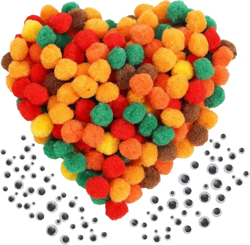 Miniatura 9 de Caydo 1200 pompones para suministros de manualidades, 1050 pompones grandes y pequeños de colores surtidos con 150 ojos saltones Multicolor