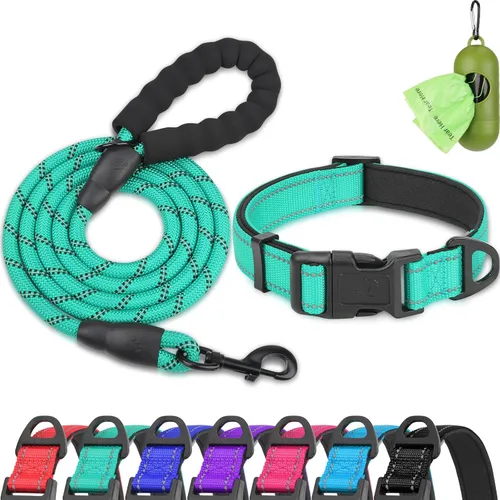Miniatura 13 de Dynmeow Juego de collar y correa reflectante para perro, correa de cuerda de escalada fuerte de 6 pies con mango acolchado, collar ajustable