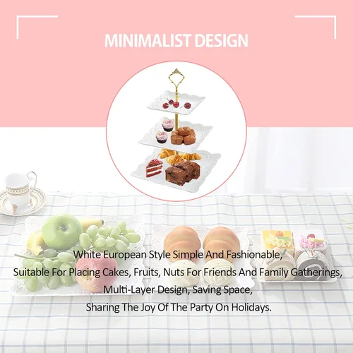 Miniatura 3 de 3 soportes cuadrados blancos para tartas de 3 niveles, bandeja de servir de 3 niveles, soporte para cupcakes, soporte de postre, decoración de mesa
