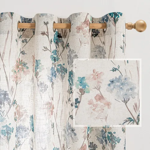 Miniatura 10 de MYSKY HOME Cortinas florales de lino 100% opacas de 63 pulgadas de largo, 2 paneles para dormitorio, estilo casa de campo con patrón floral, doble