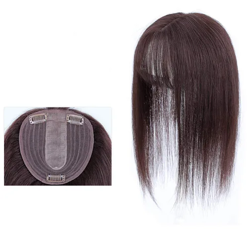 Miniatura 11 de LXUE Parte superior de cabello humano con base de seda natural para mujeres con cabello gris y delgado, parte superior de base de 5 x 5.5 pulgadas