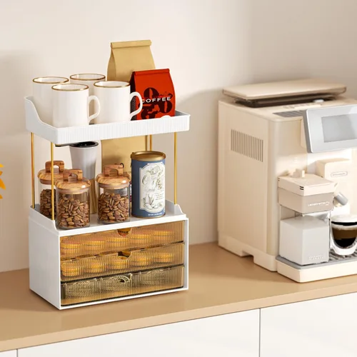 Miniatura 3 de StorBin Organizador de maquillaje de 3 cajones grandes, organizador de encimera de baño de 5 niveles y almacenamiento, organizador versátil de Ámbar