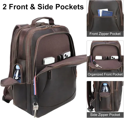 Miniatura 8 de TIDING Mochila para portátil de cuero de grano completo de 17.3 pulgadas para hombre, mochila de viaje de gran capacidad, para viajes, fin de Marrón