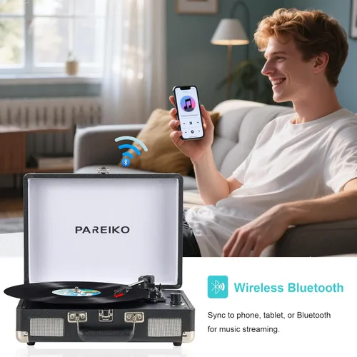 Miniatura 5 de Tocadiscos portátil con plato giratorio de 3 velocidades, conectividad Bluetooth, batería incorporada de 1800 mAh, diseño retro de maleta