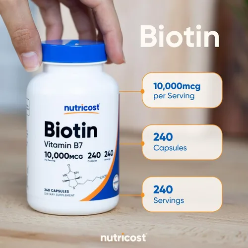 Miniatura 6 de Suplemento Nutricost Biotin (Vitamina B7) 0.00035 oz, 240 cápsulas, 1 botella, 1