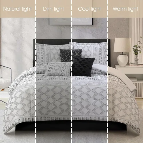 Miniatura 5 de Grand Avenue Juego de edredón de 7 piezas, color blanco y negro, juego de ropa de cama con clip, juego de cama geométrico para todas las estaciones