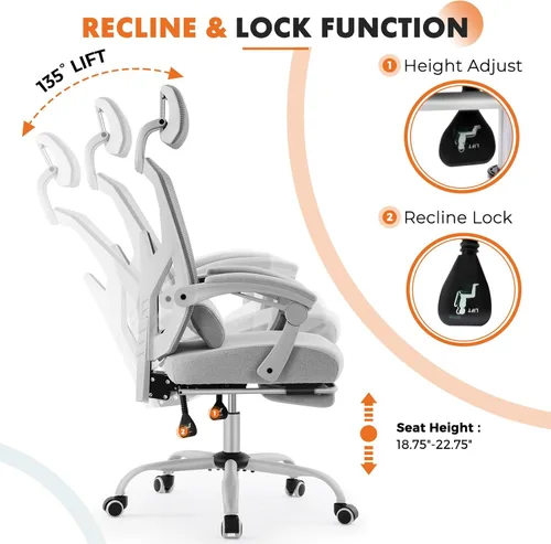 Miniatura 6 de Silla de oficina para computadora Sweetcrispy con reposapiés, sillas giratorias ergonómicas de malla con respaldo alto y ruedas, soporte lumbar Gris