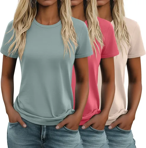 Miniatura 25 de Huukeay Paquete de 3 camisetas de algodón para mujer, estilo casual, de manga corta, cuello redondo, ajuste holgado, básica, lisa
