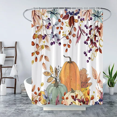 Miniatura 2 de Cortina de ducha de otoño, calabaza, hojas de arce, día de Acción de Gracias, cosecha, acuarela colgante, hojas de eucalipto, botánica, floral