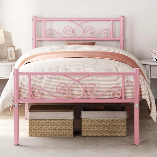 Miniatura 12 de Yaheetech - Base de cama, plataforma clásica de metal con cabecera y estribo - base de colchón con diseño floral para adultos, niñas, niños - Negro