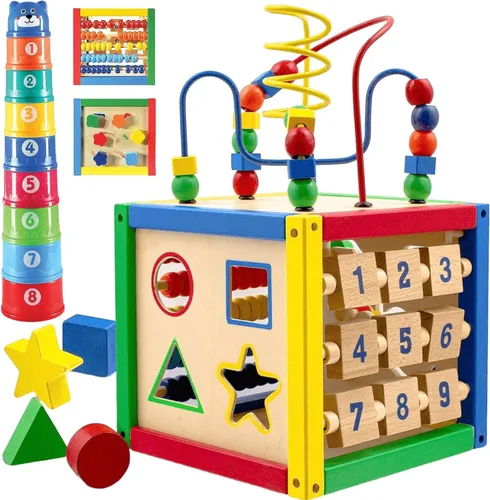 Play22 Cubo de actividades de madera para bebé, cubo de actividades 6 en 1 con laberinto de cuentas, clasificador de formas, cuentas de ábaco,