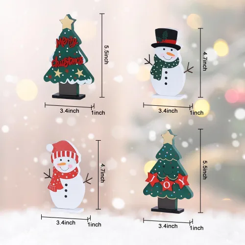 Miniatura 3 de DECSPAS Decoraciones navideñas para interiores, 4 piezas de árboles de Navidad de madera y muñecos de nieve para decoración de mesa de centro