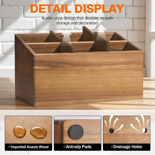 Miniatura 4 de Soporte para utensilios de madera, organizador de utensilios de cocina, grande con 6 compartimentos, soporte para utensilios de cocina, contenedor