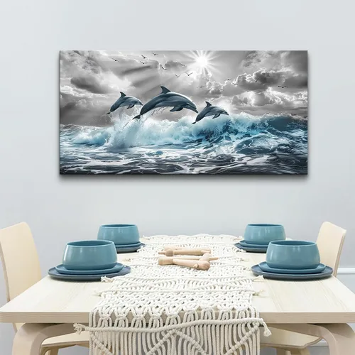Miniatura 3 de Lapremoly Decoración de pared para sala de estar, arte de pared grande para dormitorio, olas azules del mar, ilustraciones de pared, oficina