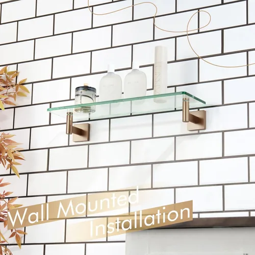 Miniatura 2 de KOKOSIRI Estantes de pared para baño, estante flotante de vidrio templado, estante colgante para almacenamiento/decoración de habitación, 20 Bronce
